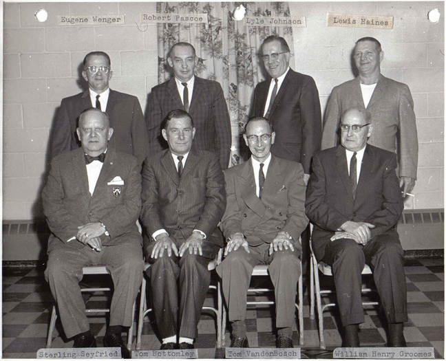 Sitting Left to Right: Sterling Seyfried, Tom Bottomley, Tom VandenBosch, William Henry Groomes. Standing Left to Right: Eugene Wenger, Robert Pascoe, Lyle Johnson, Lewis Haines.